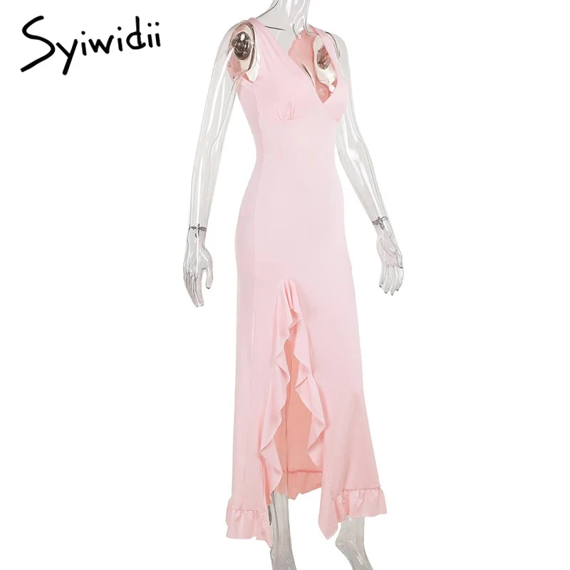 kf-S27ee4b9ac55545718ba95e9c269af4f0r-Syiwidii-Sexy-Dresses-for-Women-V-Neck-Sleeveless-Ruffles-Side-Slit-Maxi-Dress-Elegant-Temperament-Birthday