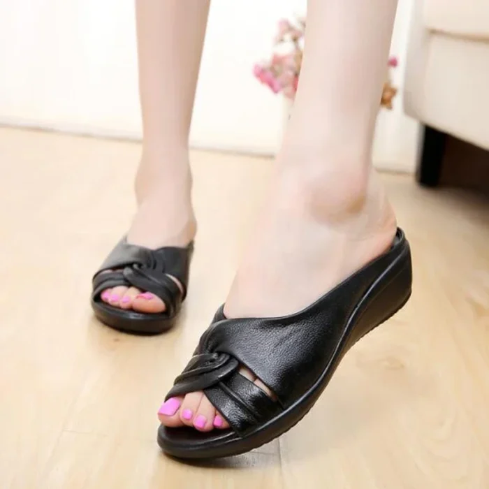 Black Leather Wedge Sandals