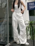 HOUZHOU White Baggy Women Cargo Pants Y2k Vintage Pleated Trousers Korean Fashion Casual Wide Leg Parachute Pants Loose Hip Hop