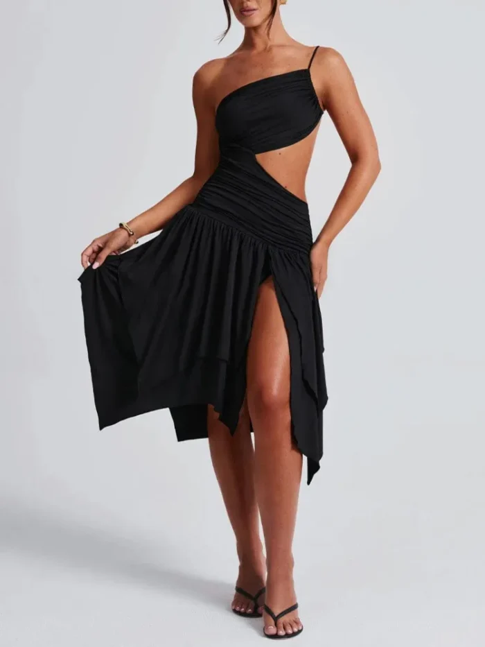 Black One Shoulder Midi Dress