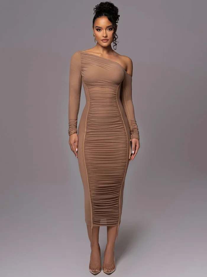 Mesh Ruched Midi Dress